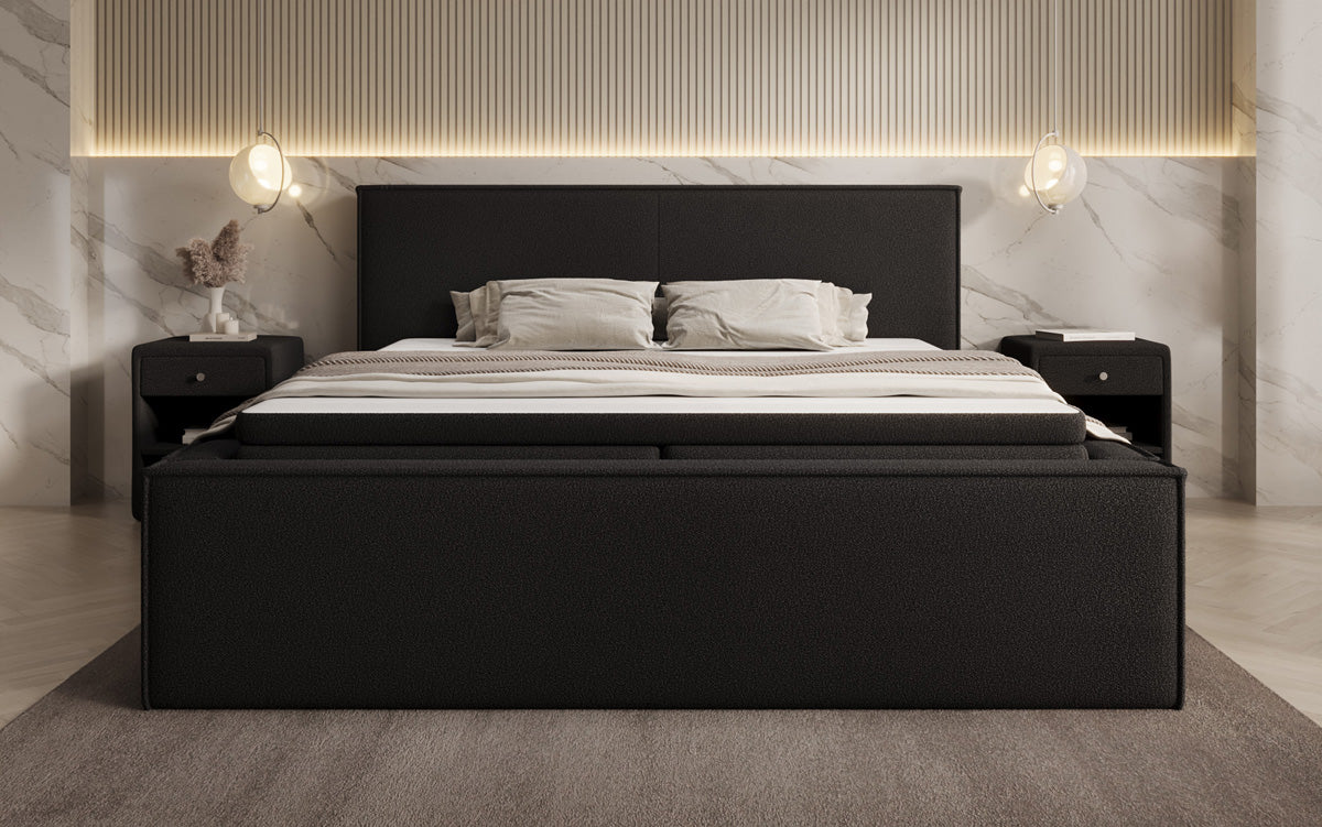 Designer upholstered bed Nora in teddy bouclé with storage, including mattresses