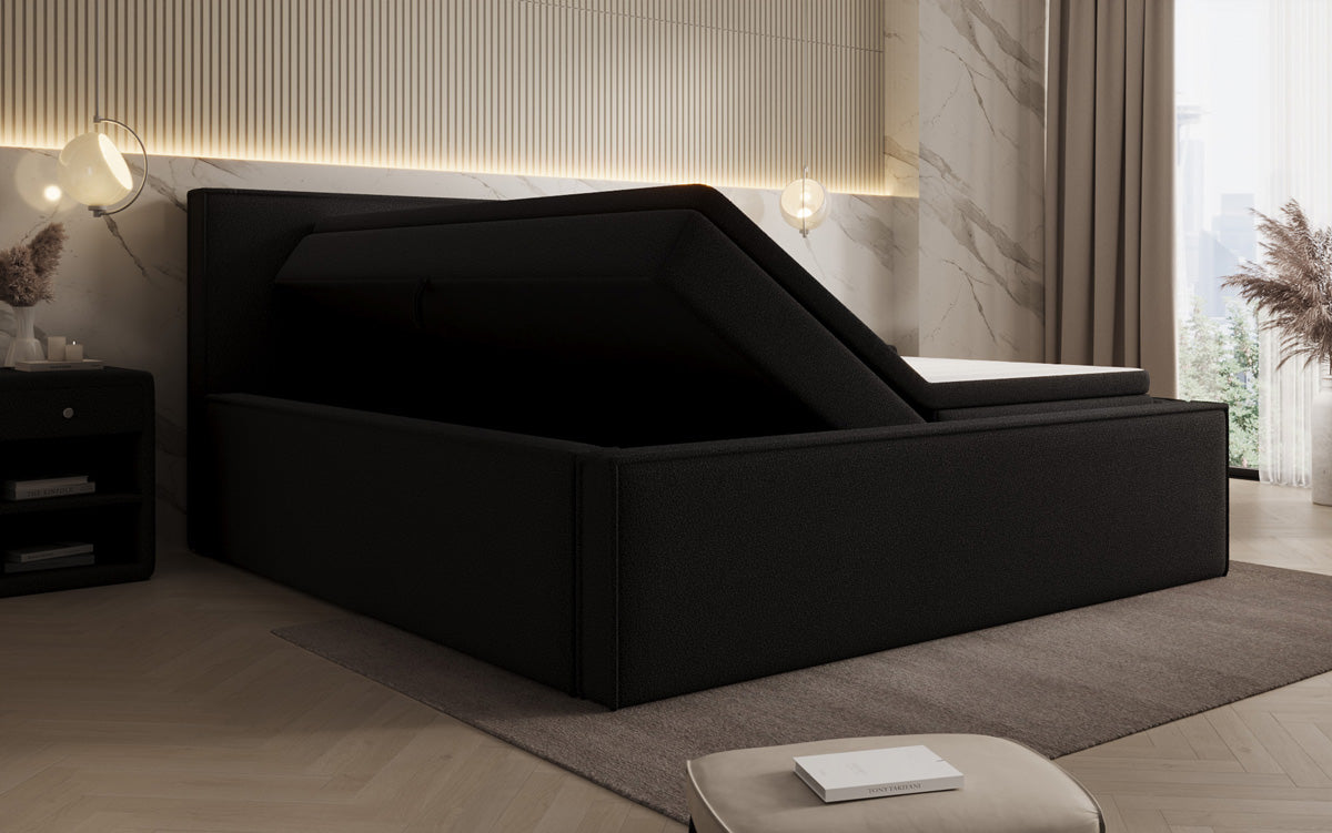 Designer upholstered bed Nora in teddy bouclé with storage, including mattresses