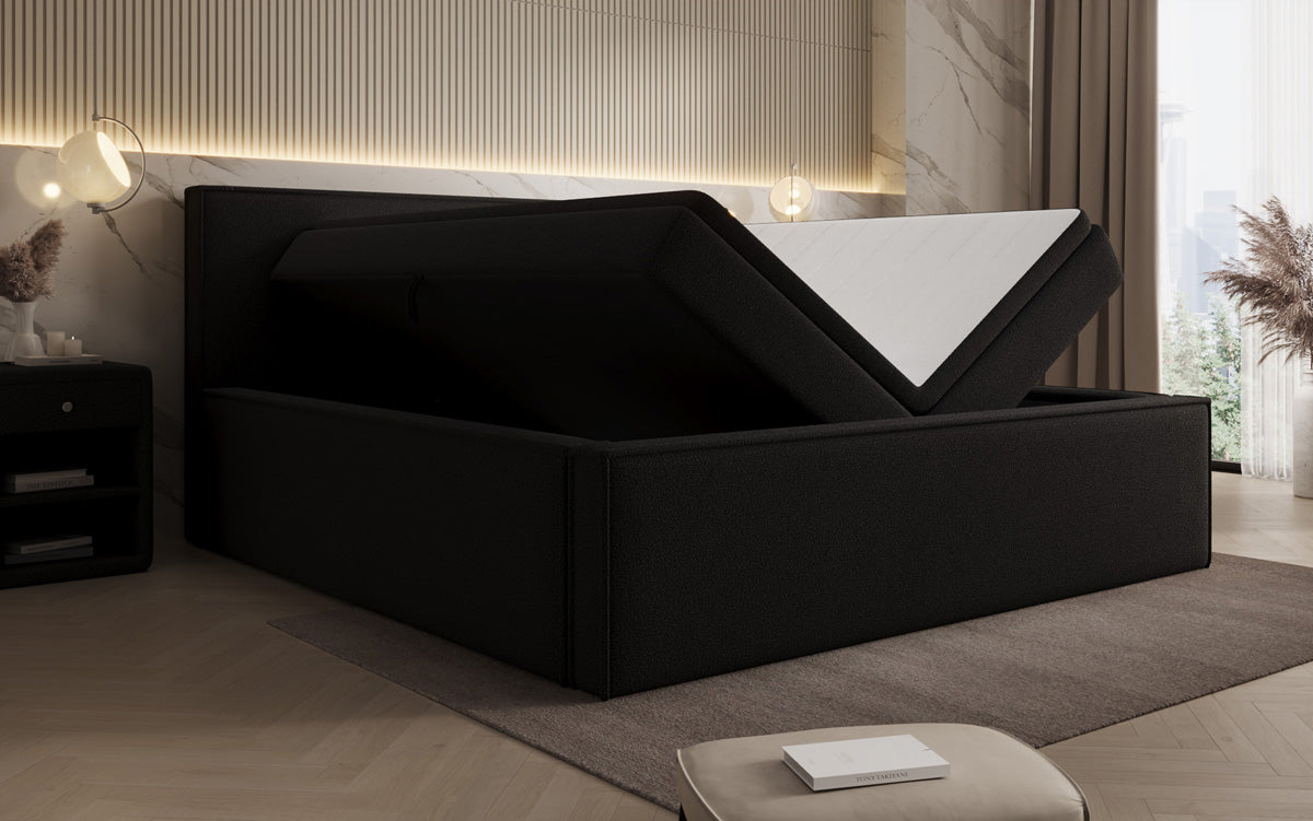 Designer upholstered bed Nora in teddy bouclé with storage, including mattresses