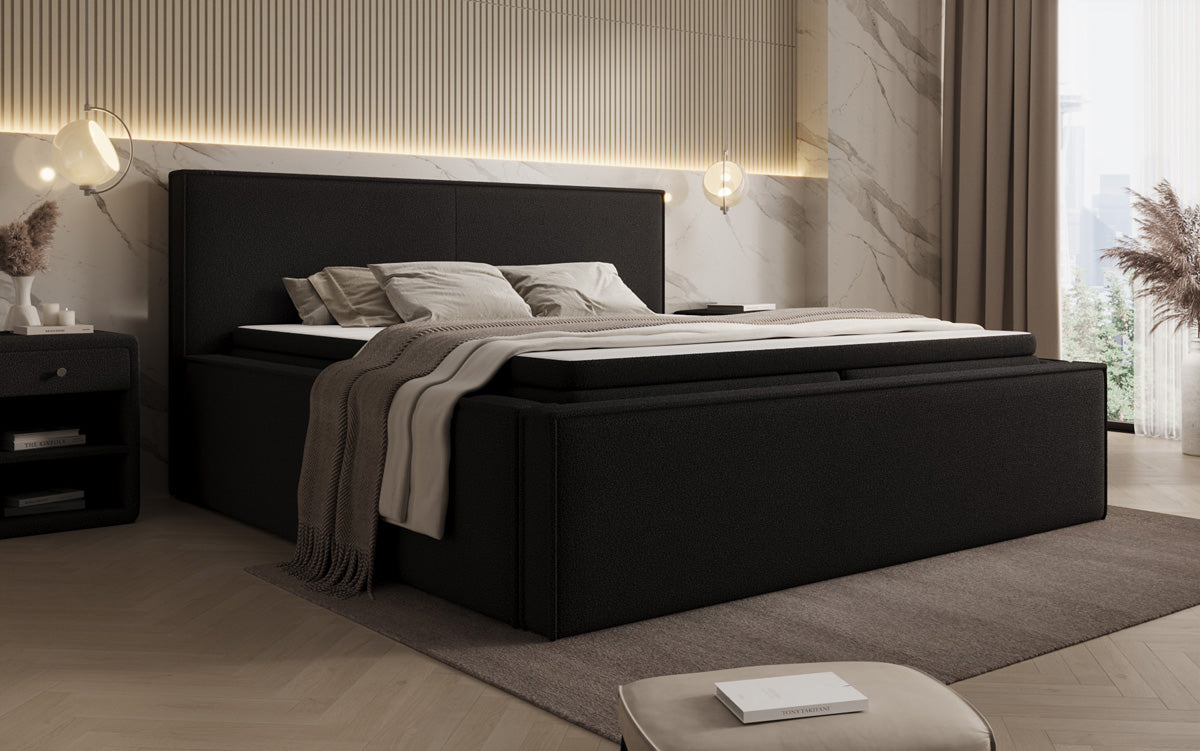 Designer upholstered bed Nora in teddy bouclé with storage, including mattresses
