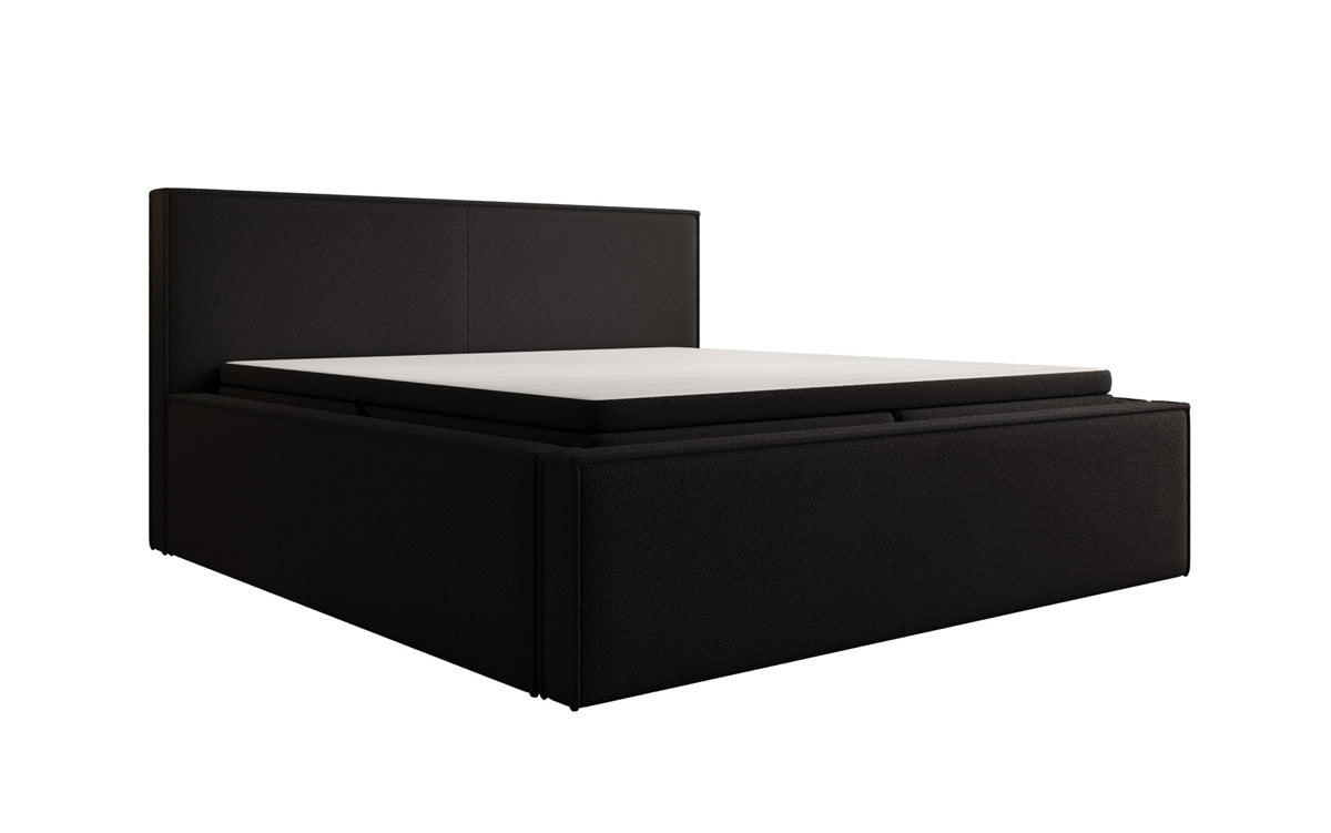 Designer upholstered bed Nora in teddy bouclé with storage, including mattresses