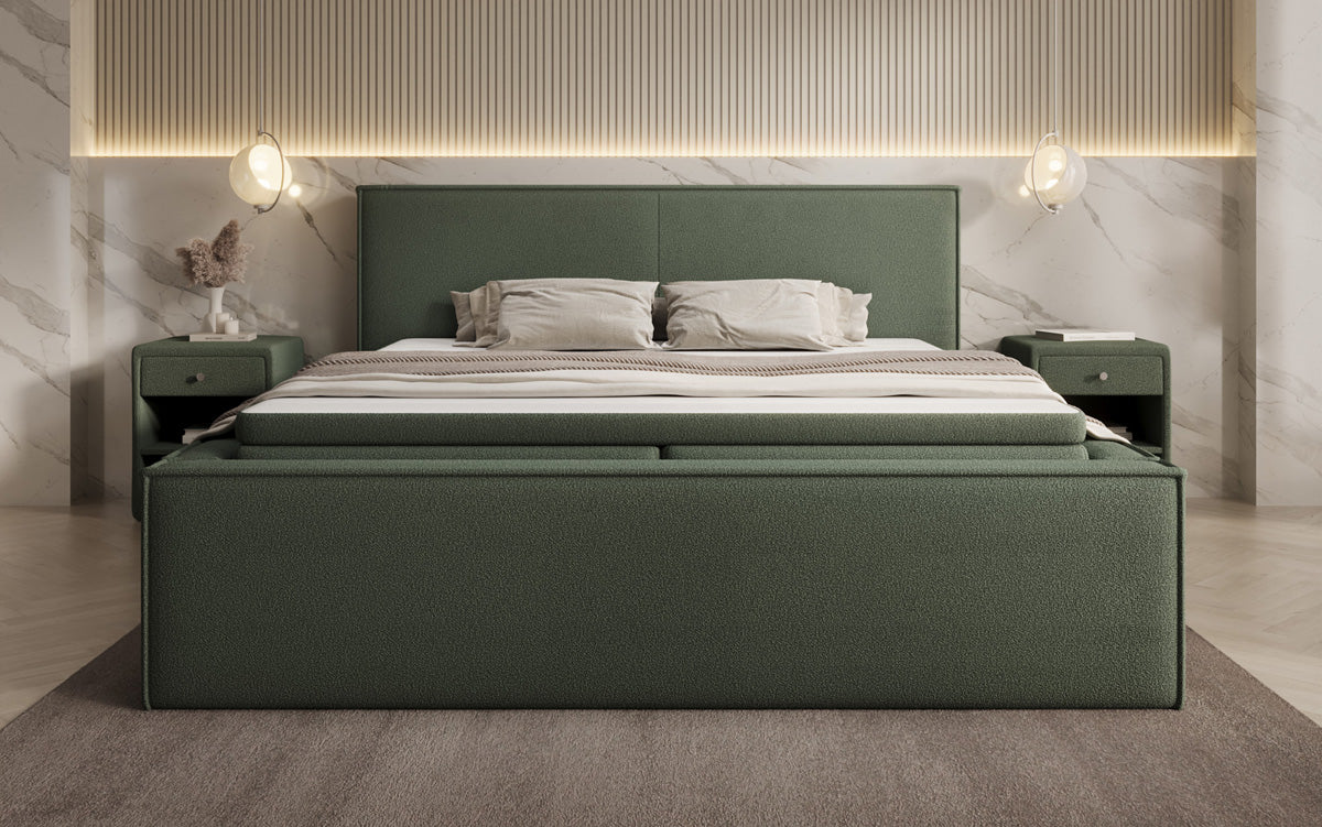 Designer upholstered bed Nora in teddy bouclé with storage, including mattresses