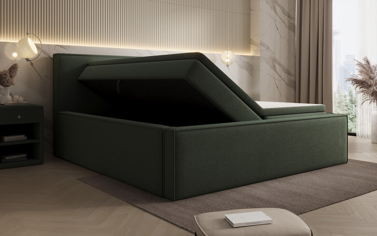 Designer upholstered bed Nora in teddy bouclé with storage, including mattresses