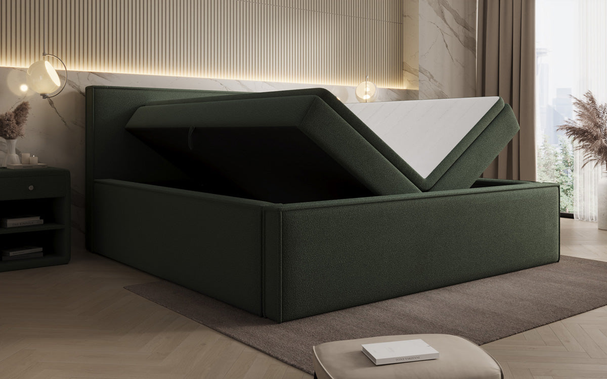 Designer upholstered bed Nora in teddy bouclé with storage, including mattresses