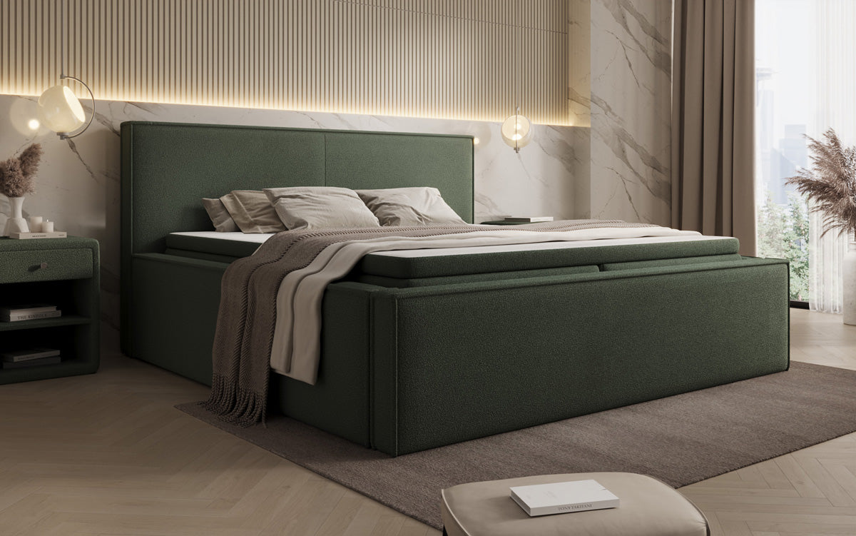 Designer upholstered bed Nora in teddy bouclé with storage, including mattresses