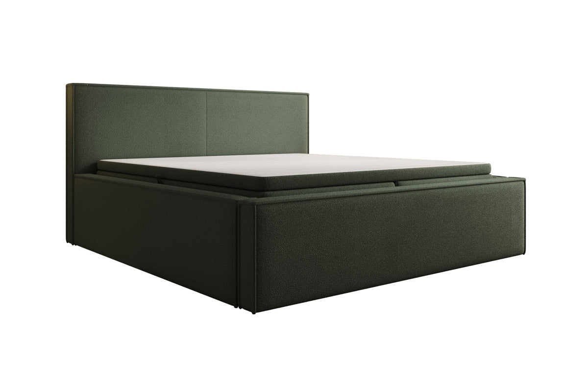 Designer upholstered bed Nora in teddy bouclé with storage, including mattresses