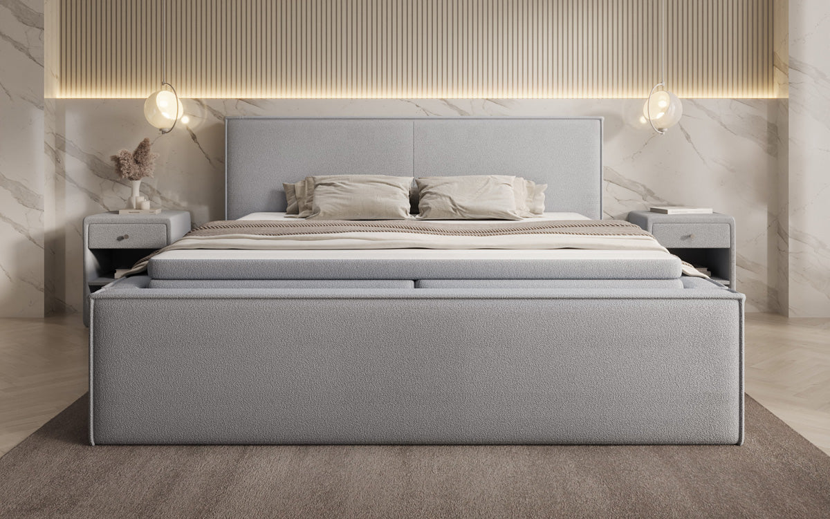 Designer upholstered bed Nora in teddy bouclé with storage, including mattresses