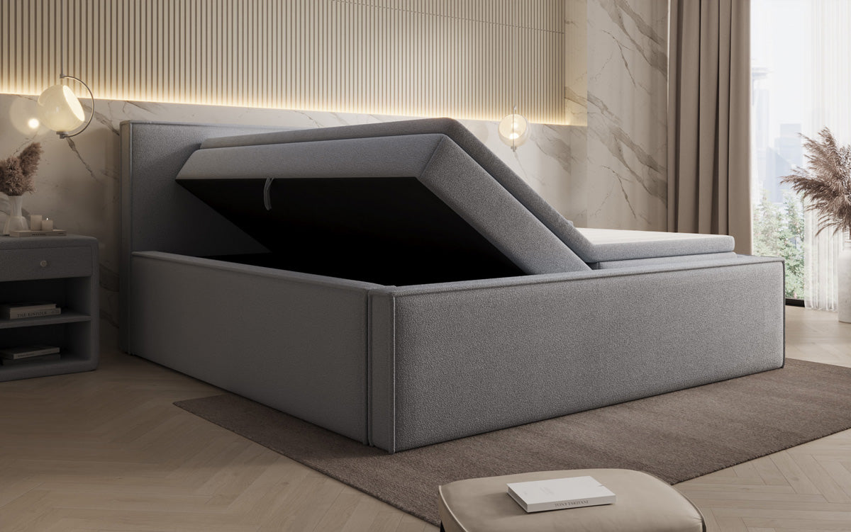 Designer upholstered bed Nora in teddy bouclé with storage, including mattresses