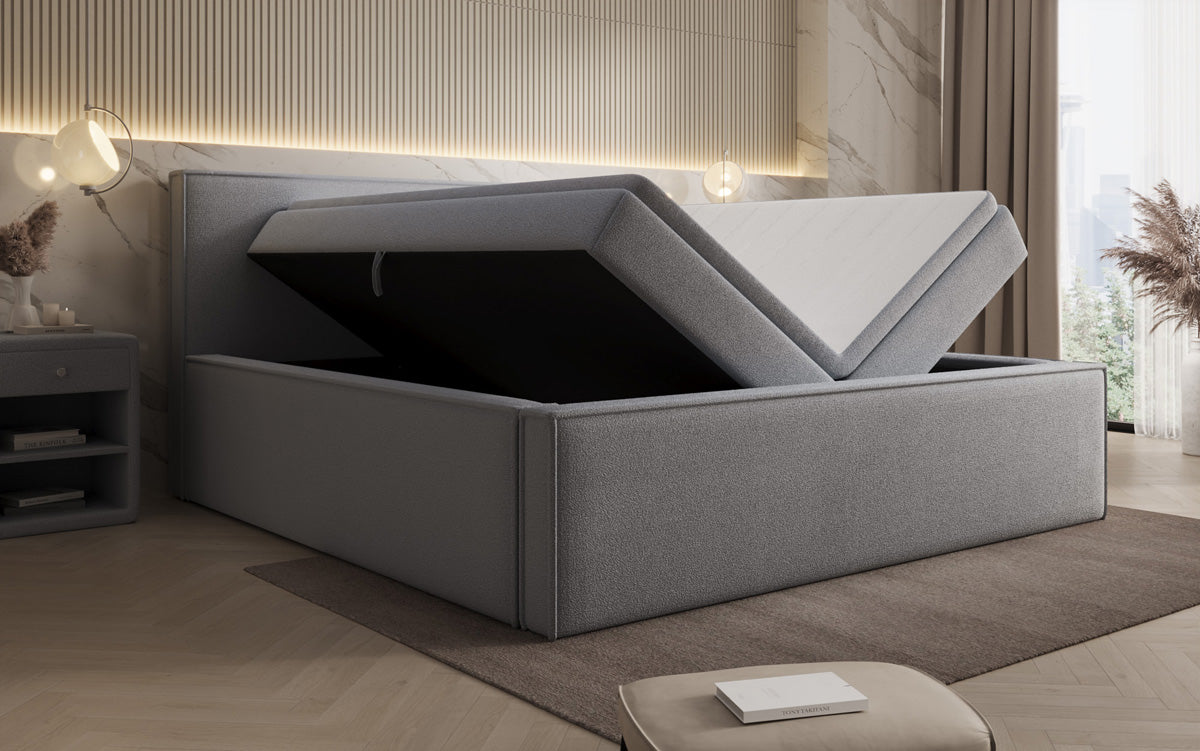 Designer upholstered bed Nora in teddy bouclé with storage, including mattresses