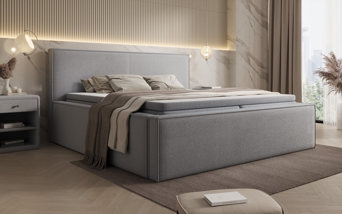 Designer upholstered bed Nora in teddy bouclé with storage, including mattresses