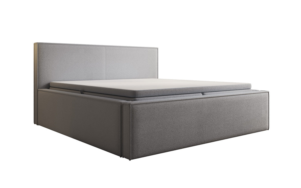 Designer upholstered bed Nora in teddy bouclé with storage, including mattresses