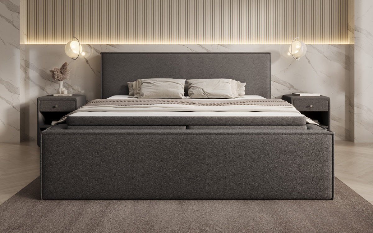 Designer upholstered bed Nora in teddy bouclé with storage, including mattresses