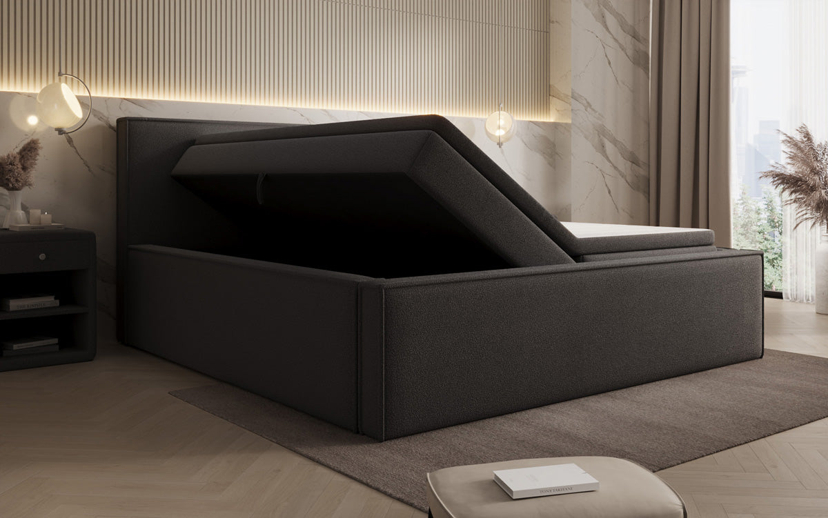 Designer upholstered bed Nora in teddy bouclé with storage, including mattresses
