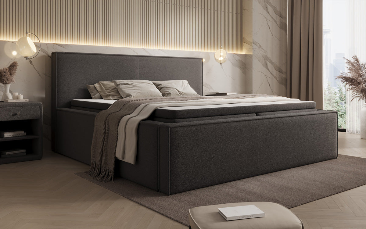 Designer upholstered bed Nora in teddy bouclé with storage, including mattresses