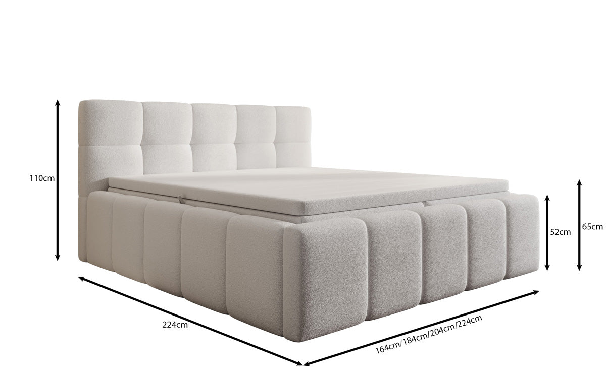 Designer upholstered bed Romy in Teddy Bouclé with storage, including mattresses