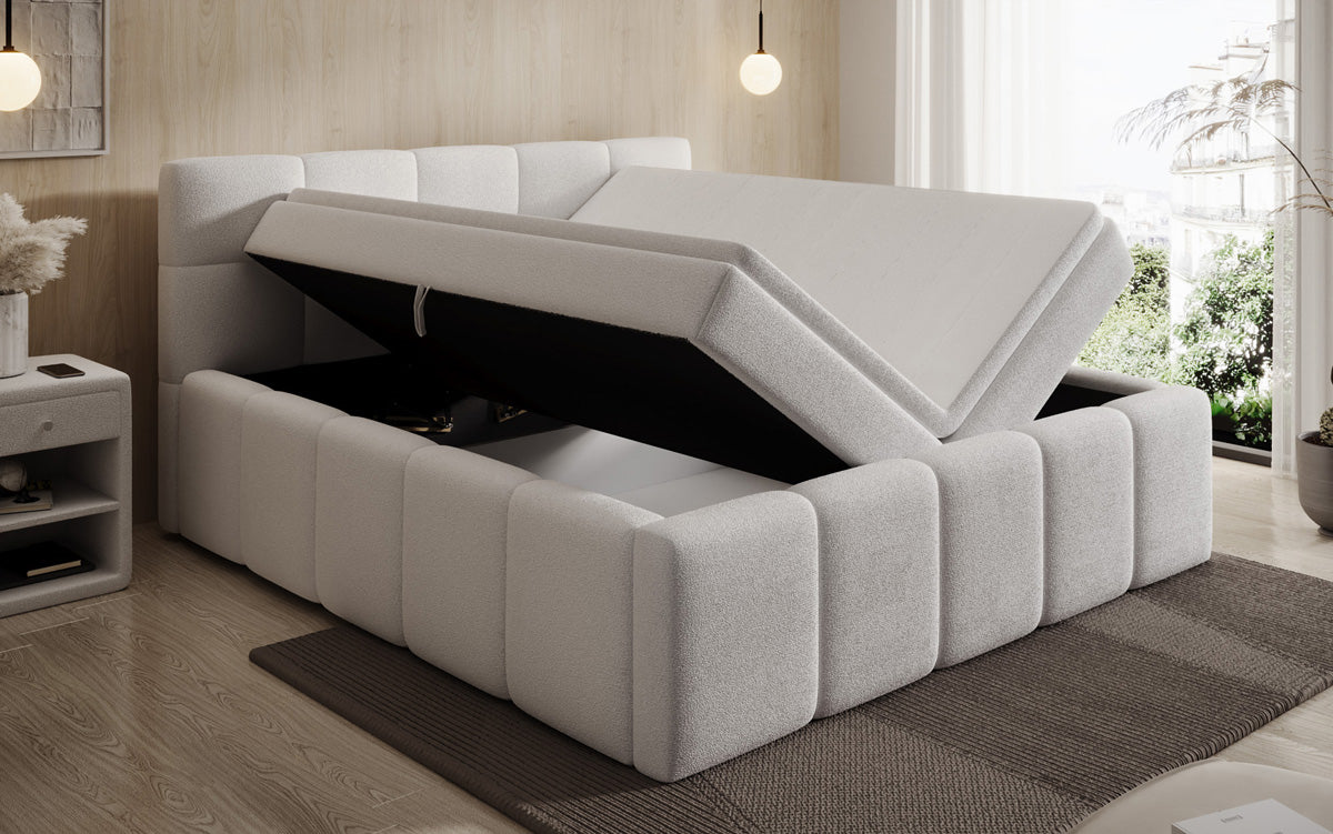 Designer upholstered bed Romy in Teddy Bouclé with storage, including mattresses
