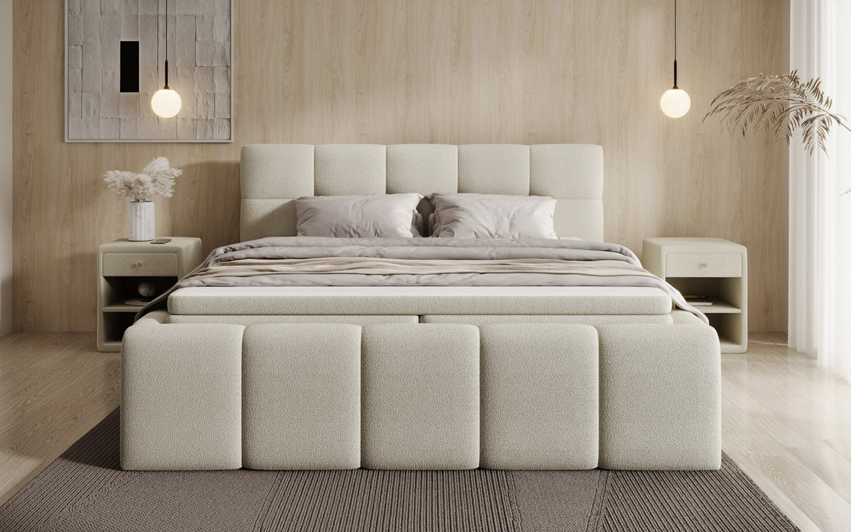 Designer upholstered bed Romy in Teddy Bouclé with storage, including mattresses