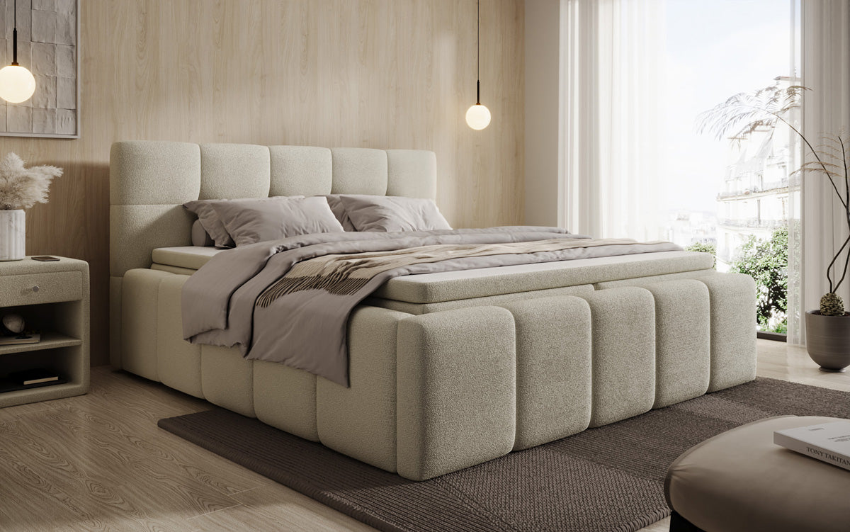 Designer upholstered bed Romy in Teddy Bouclé with storage, including mattresses
