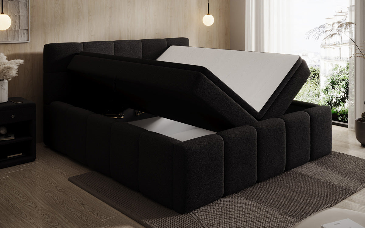 Designer upholstered bed Romy in Teddy Bouclé with storage, including mattresses