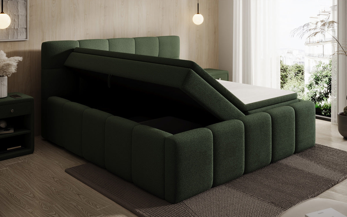 Designer upholstered bed Romy in Teddy Bouclé with storage, including mattresses
