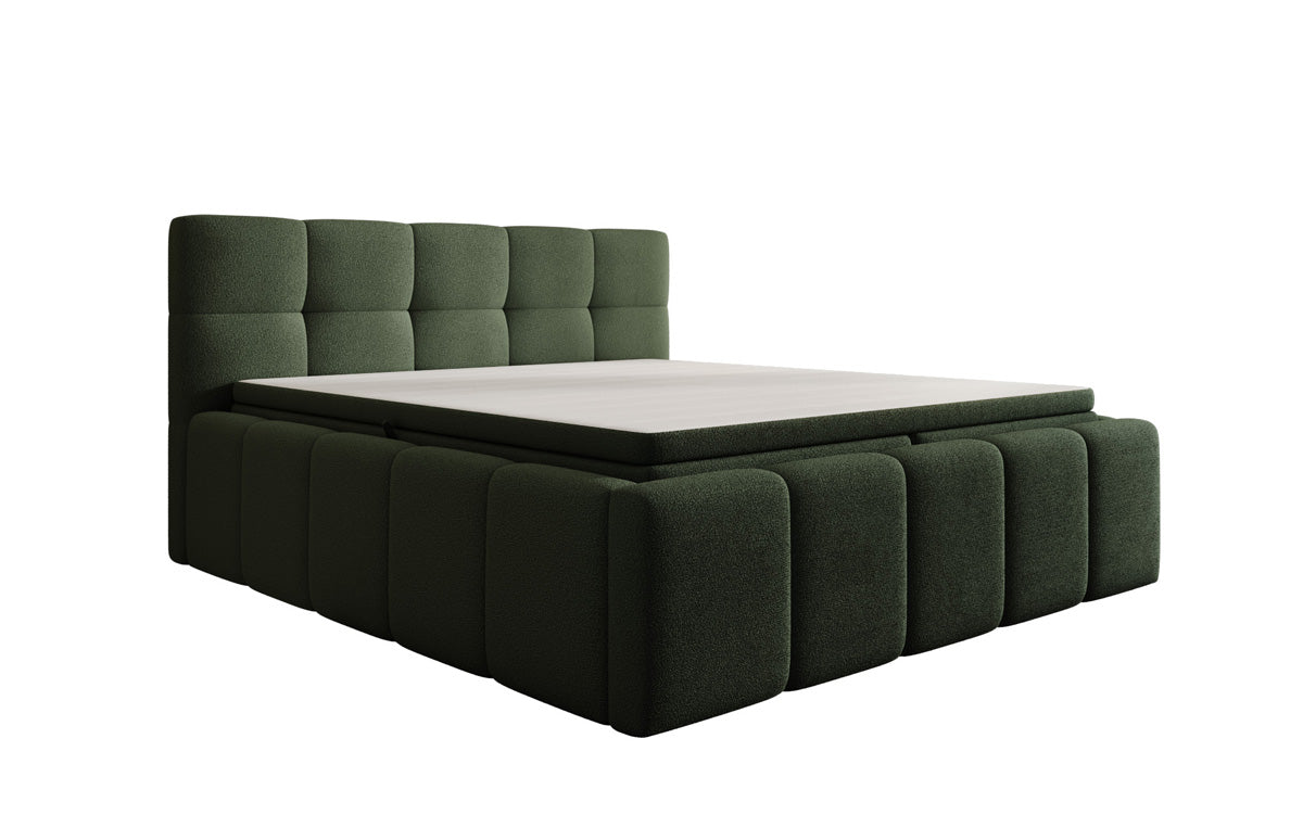 Designer upholstered bed Romy in Teddy Bouclé with storage, including mattresses