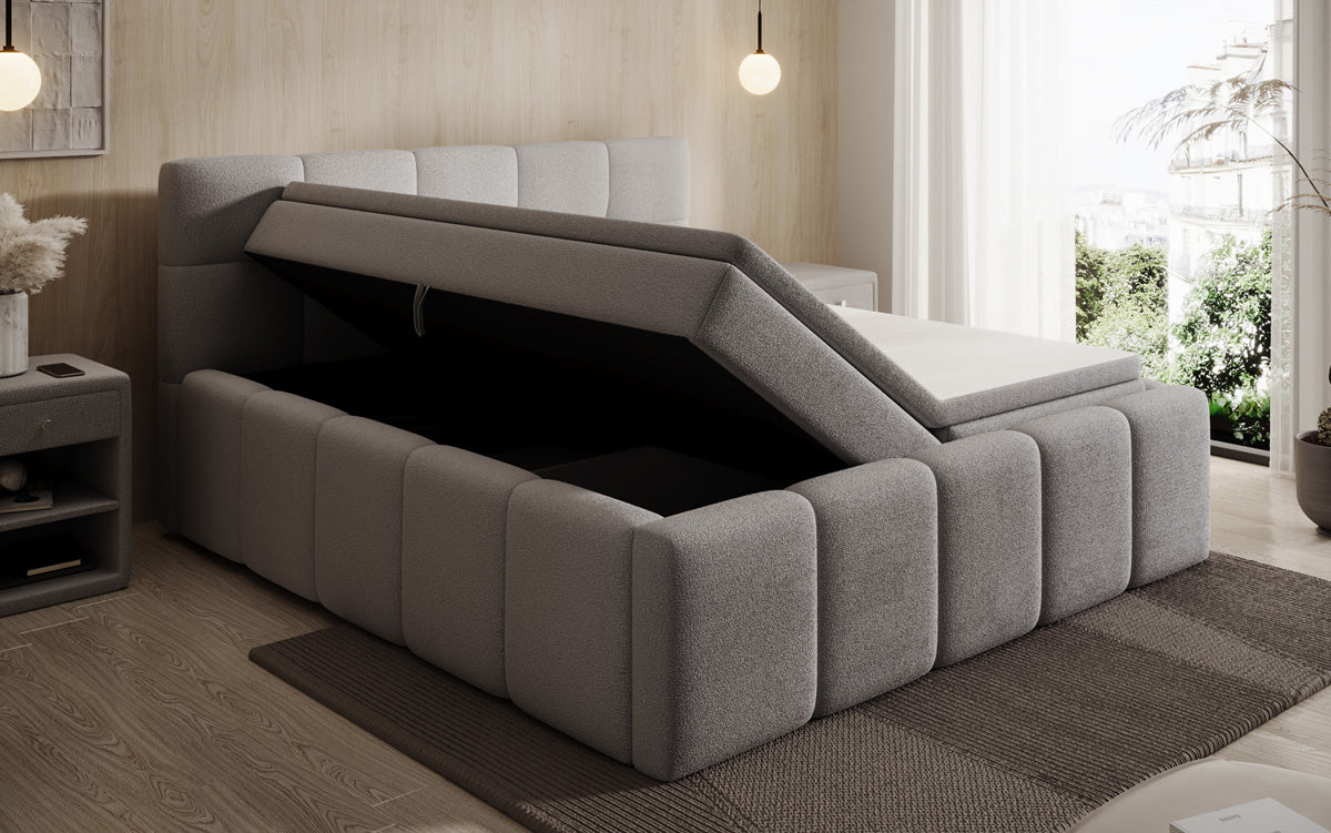 Designer upholstered bed Romy in Teddy Bouclé with storage, including mattresses