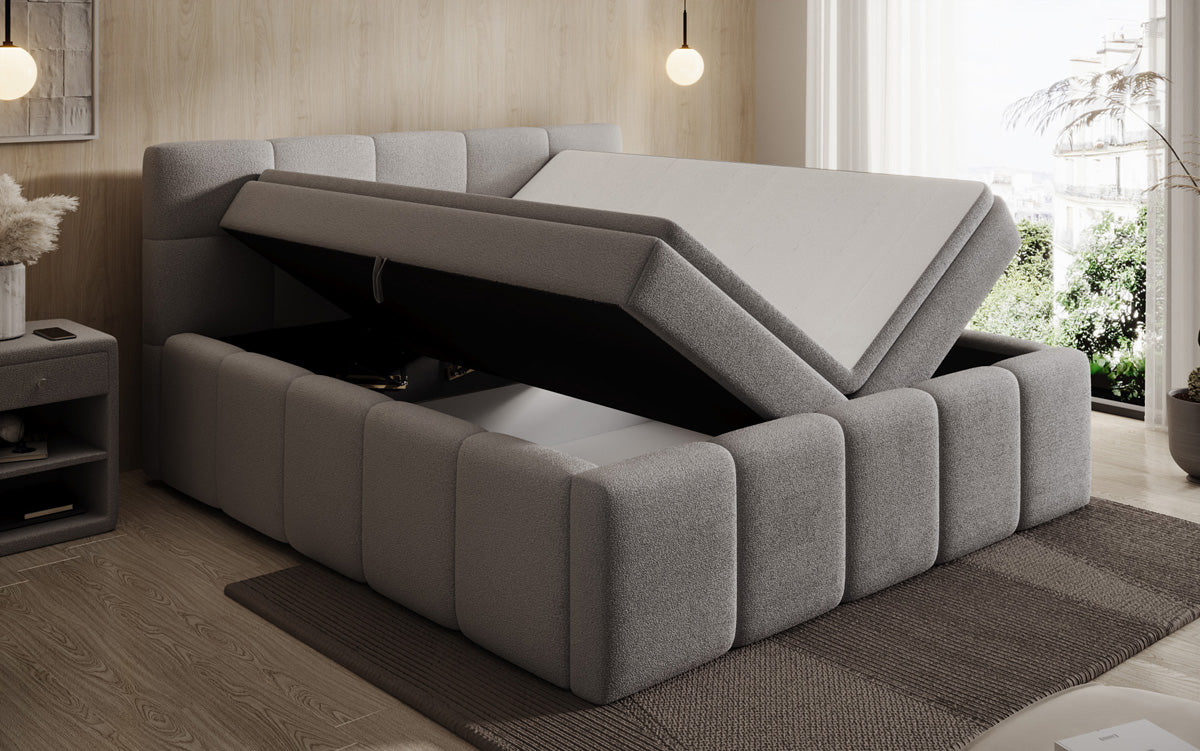 Designer upholstered bed Romy in Teddy Bouclé with storage, including mattresses