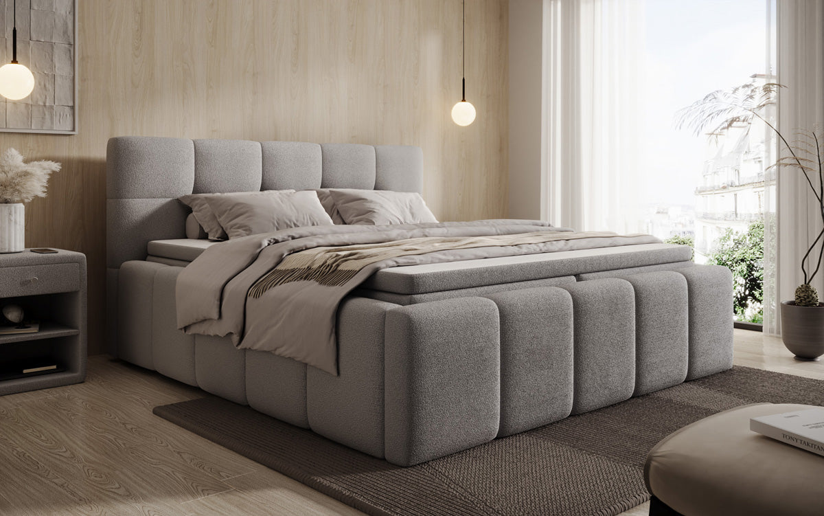 Designer upholstered bed Romy in Teddy Bouclé with storage, including mattresses