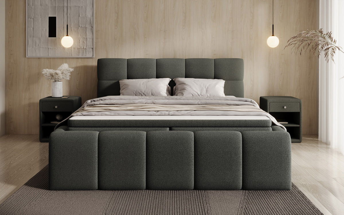 Designer upholstered bed Romy in Teddy Bouclé with storage, including mattresses