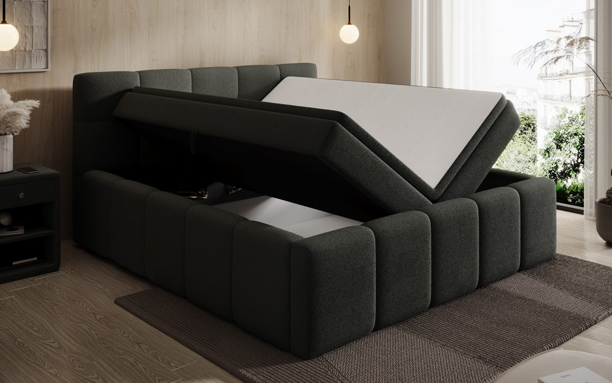 Designer upholstered bed Romy in Teddy Bouclé with storage, including mattresses