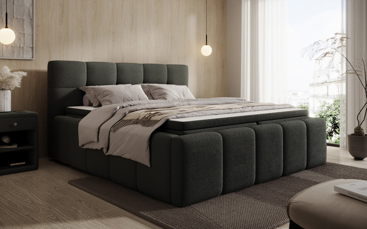 Designer upholstered bed Romy in Teddy Bouclé with storage, including mattresses