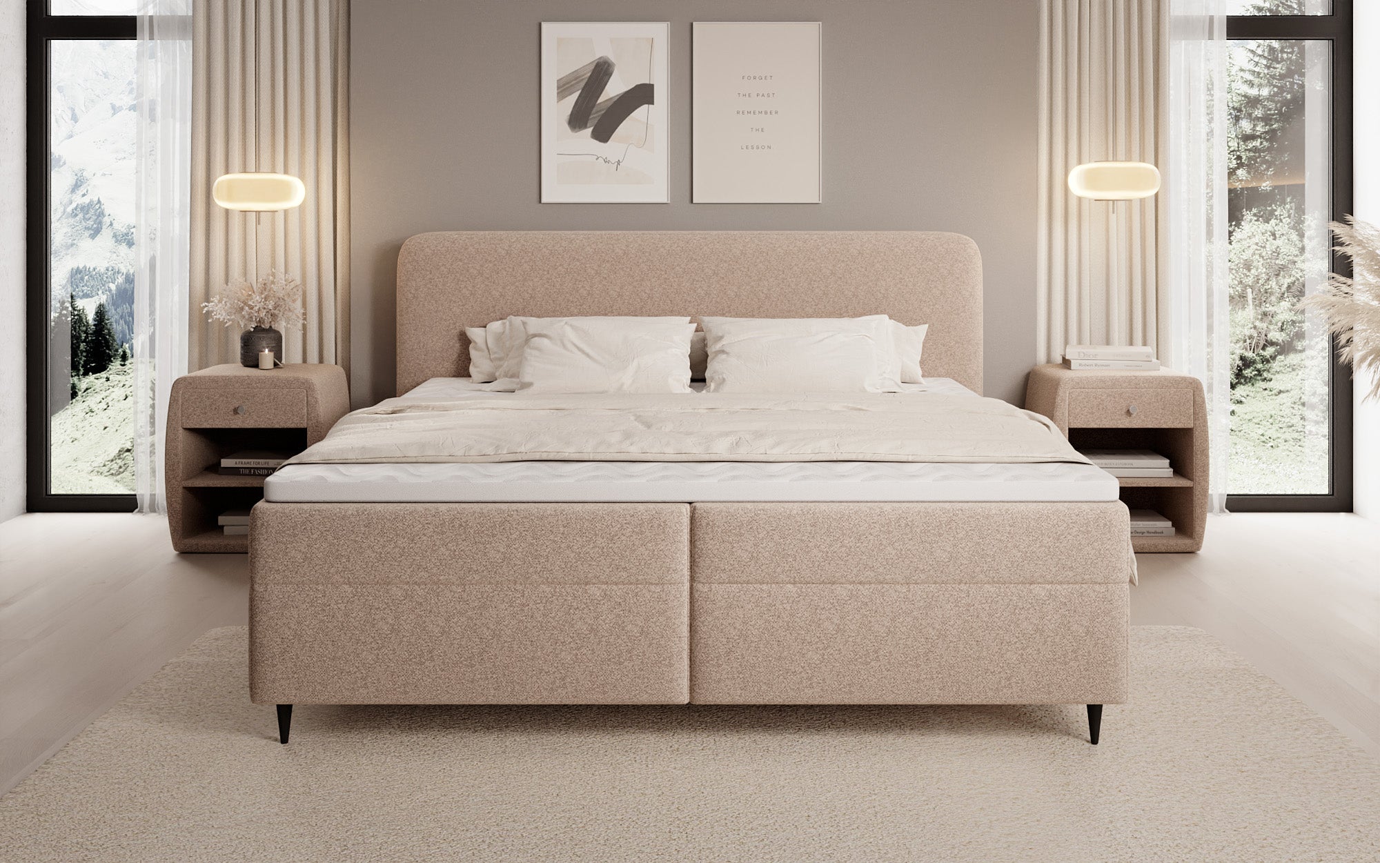 Box spring bed Nea in textured fabric with storage space