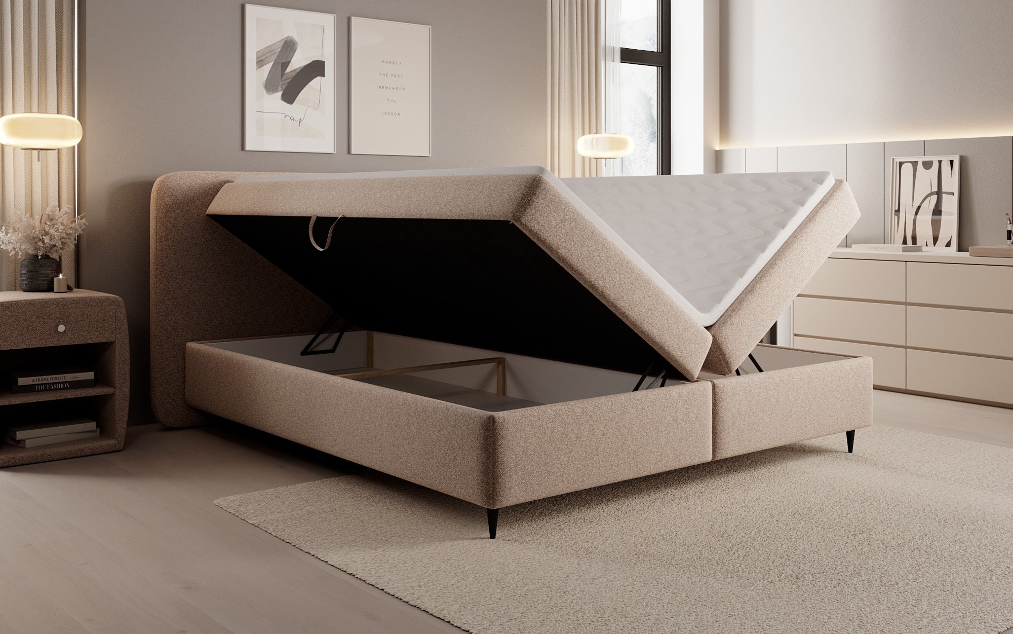 Box spring bed Nea in textured fabric with storage space