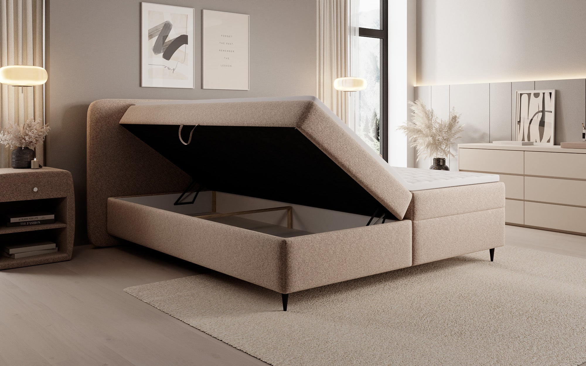 Box spring bed Nea in textured fabric with storage space