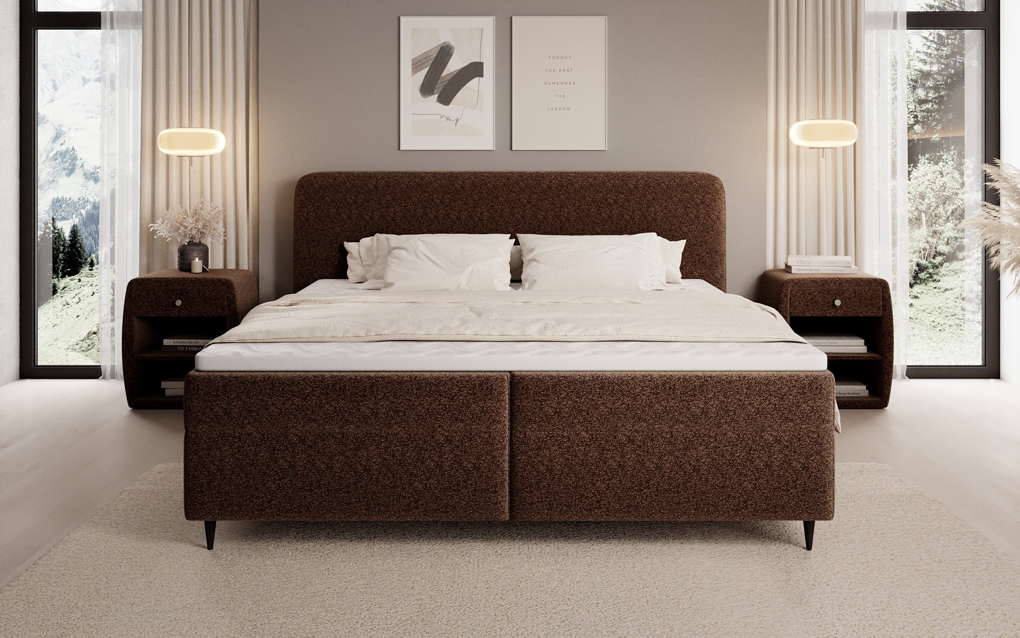 Box spring bed Nea in textured fabric with storage space