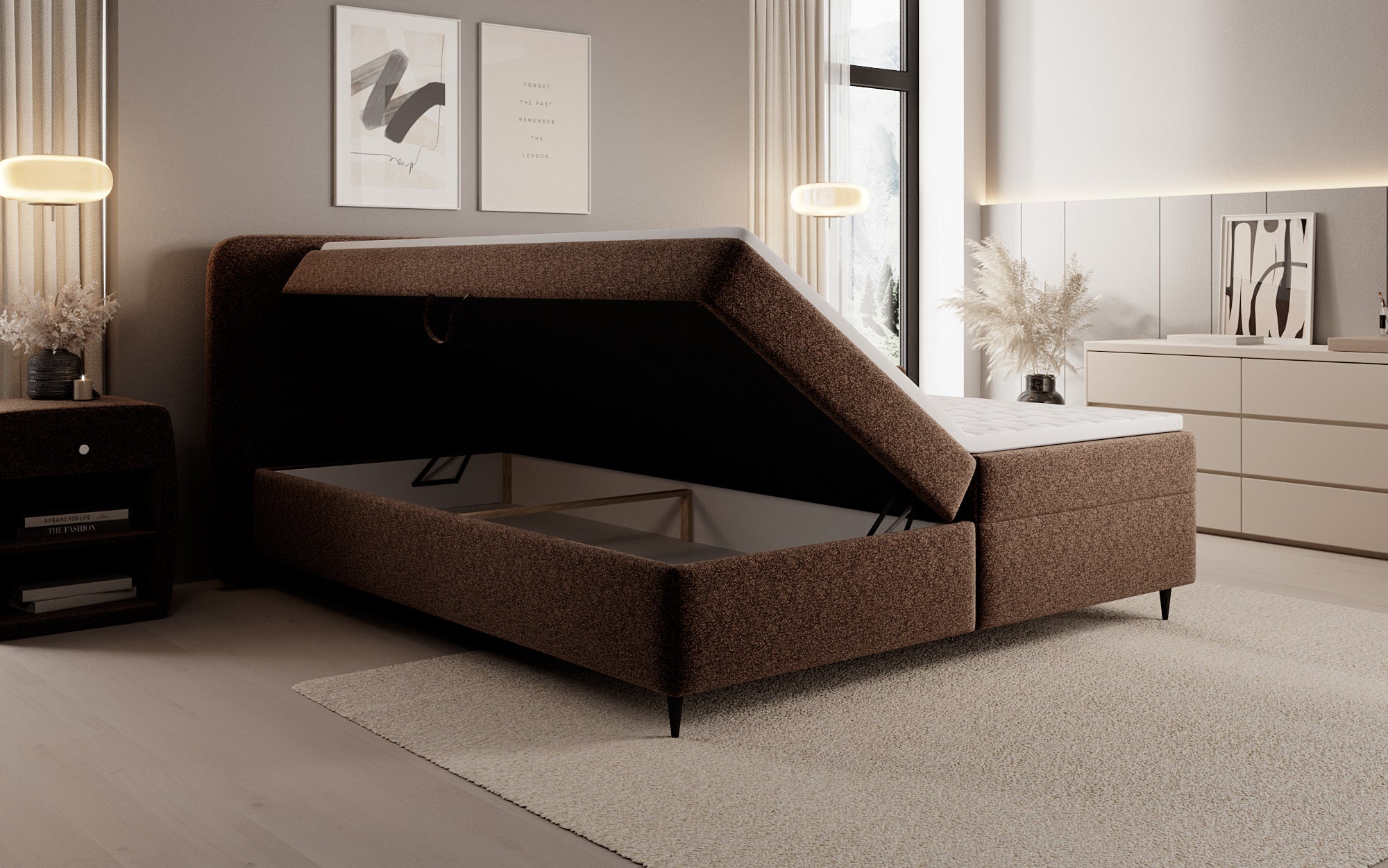Box spring bed Nea in textured fabric with storage space