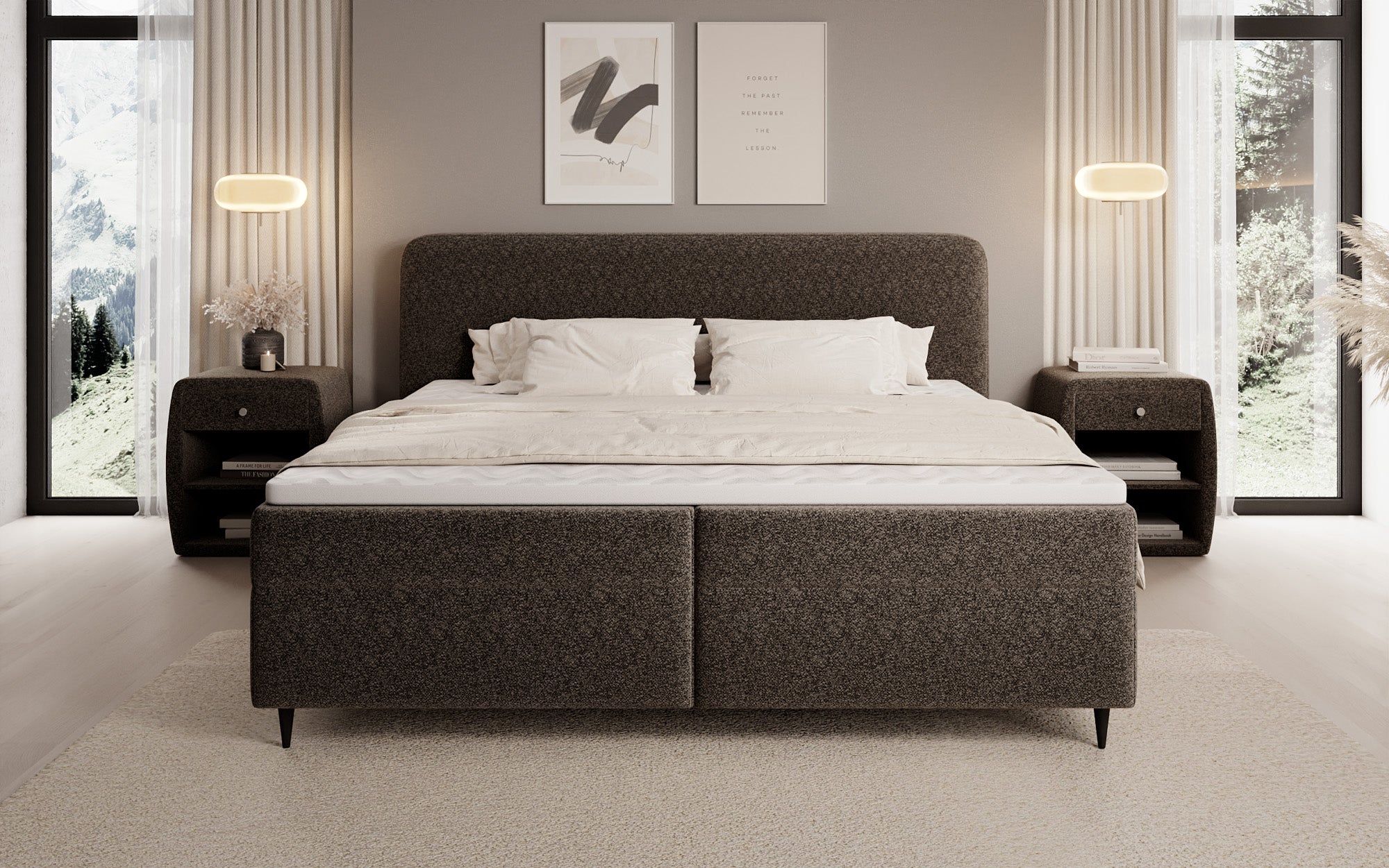 Box spring bed Nea in textured fabric with storage space