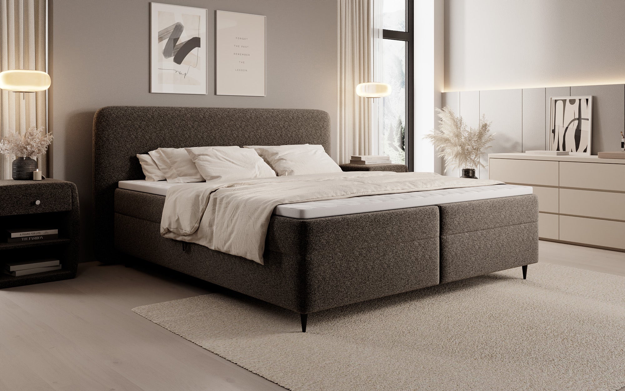 Box spring bed Nea in textured fabric with storage space