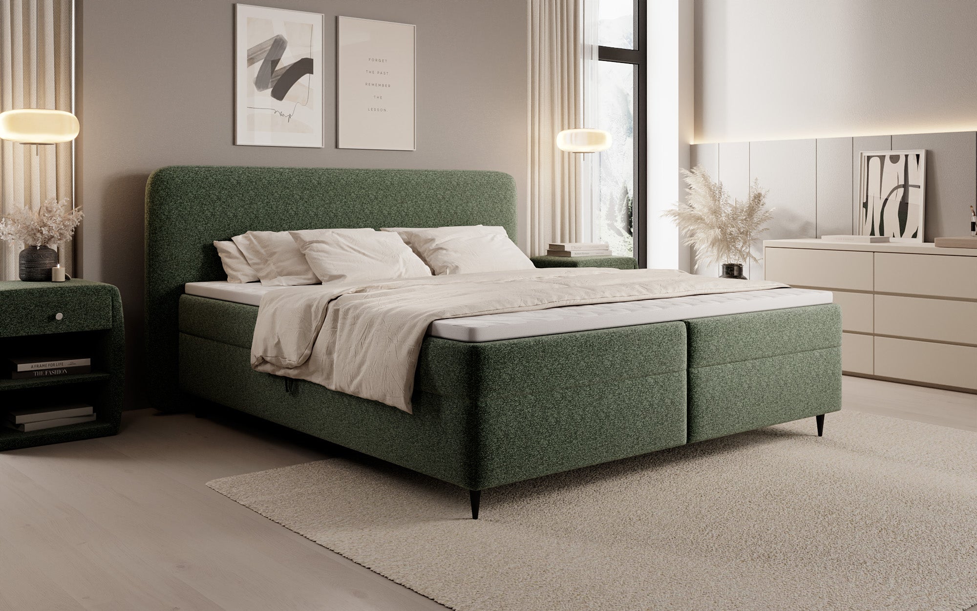 Box spring bed Nea in textured fabric with storage space