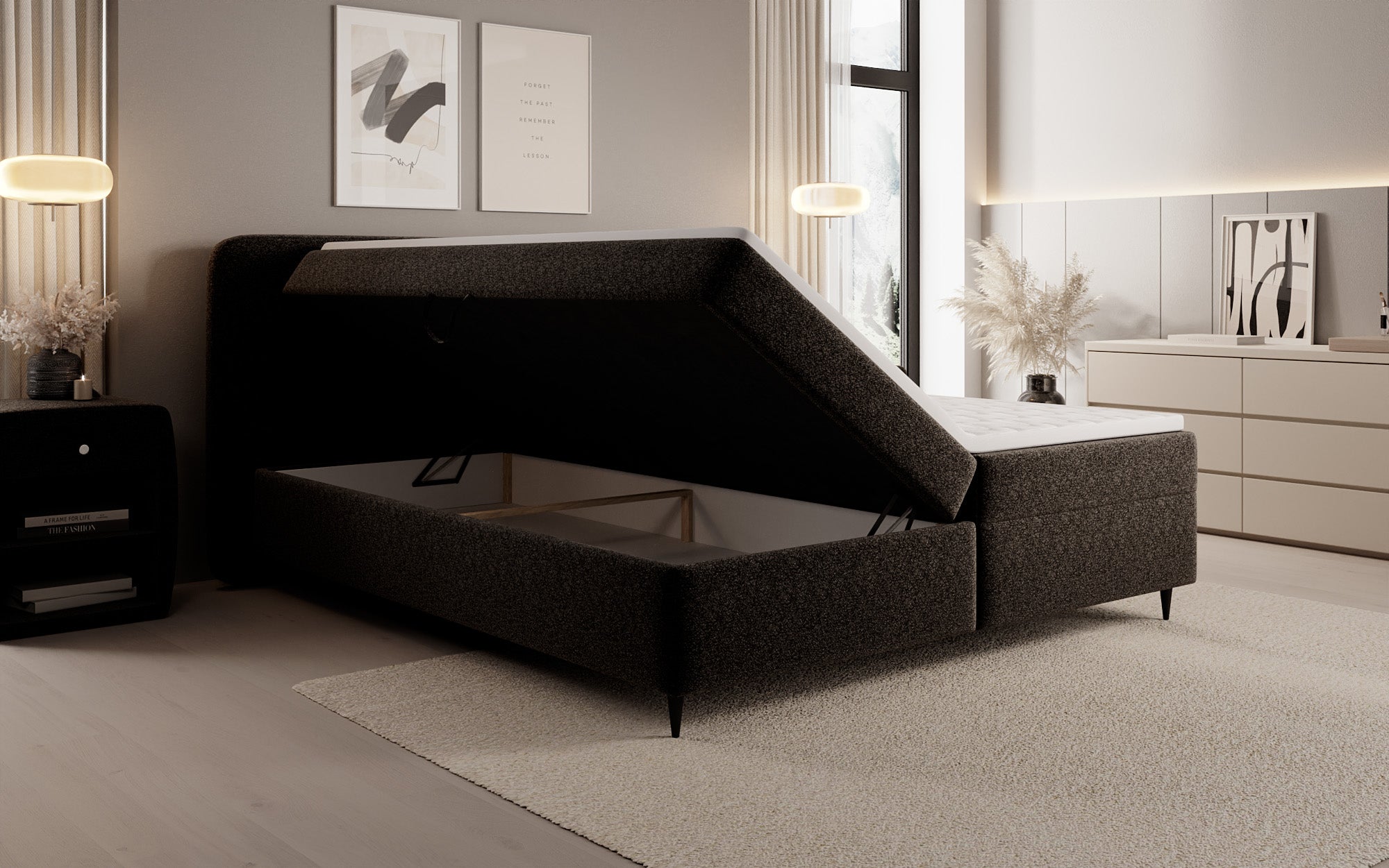 Box spring bed Nea in textured fabric with storage space