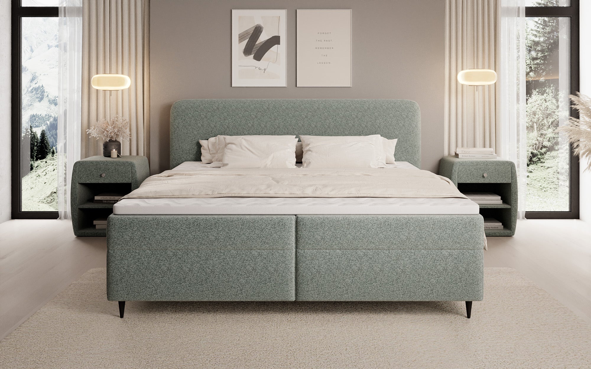 Box spring bed Nea in textured fabric with storage space