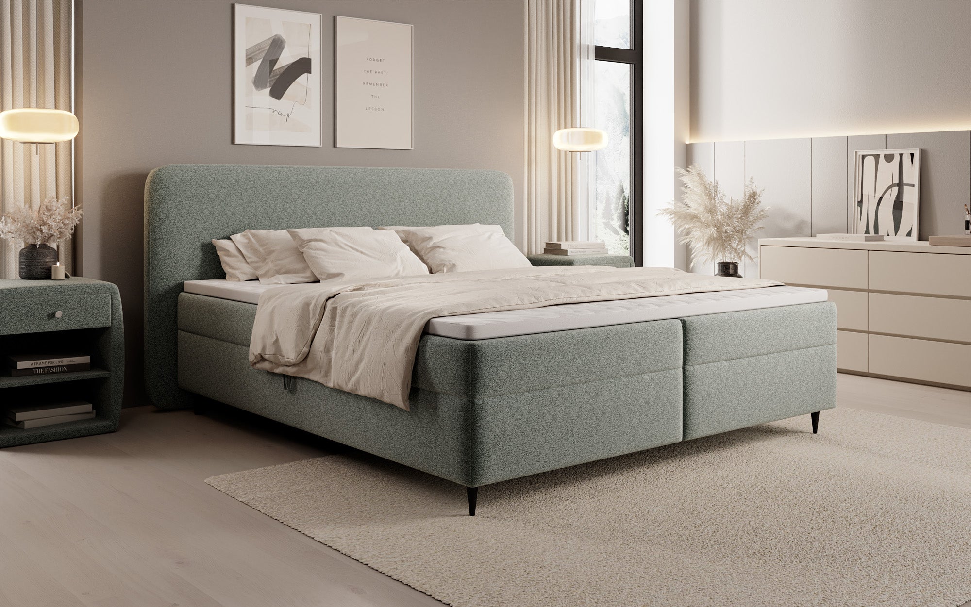 Box spring bed Nea in textured fabric with storage space