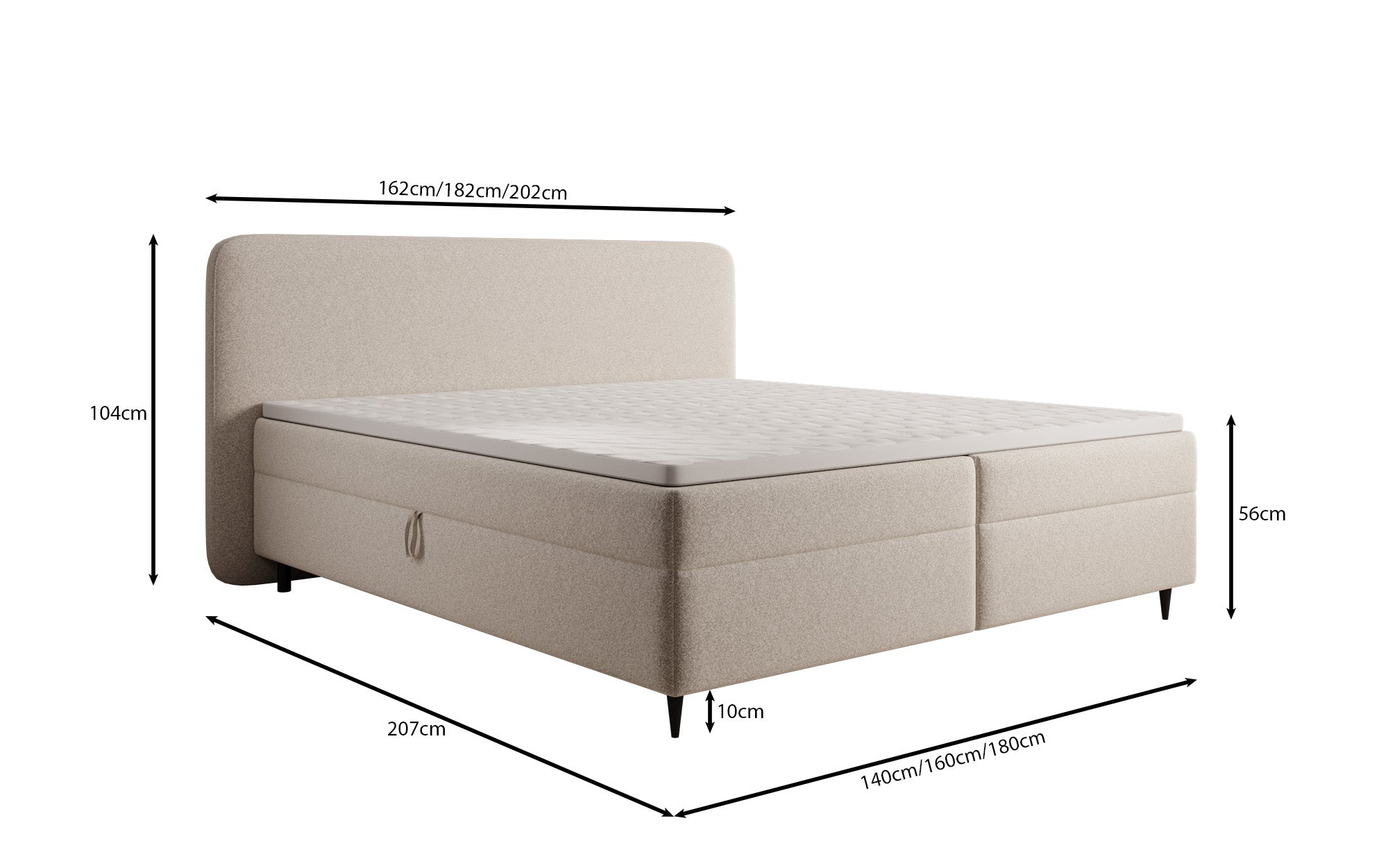 Box spring bed Nea in textured fabric with storage space