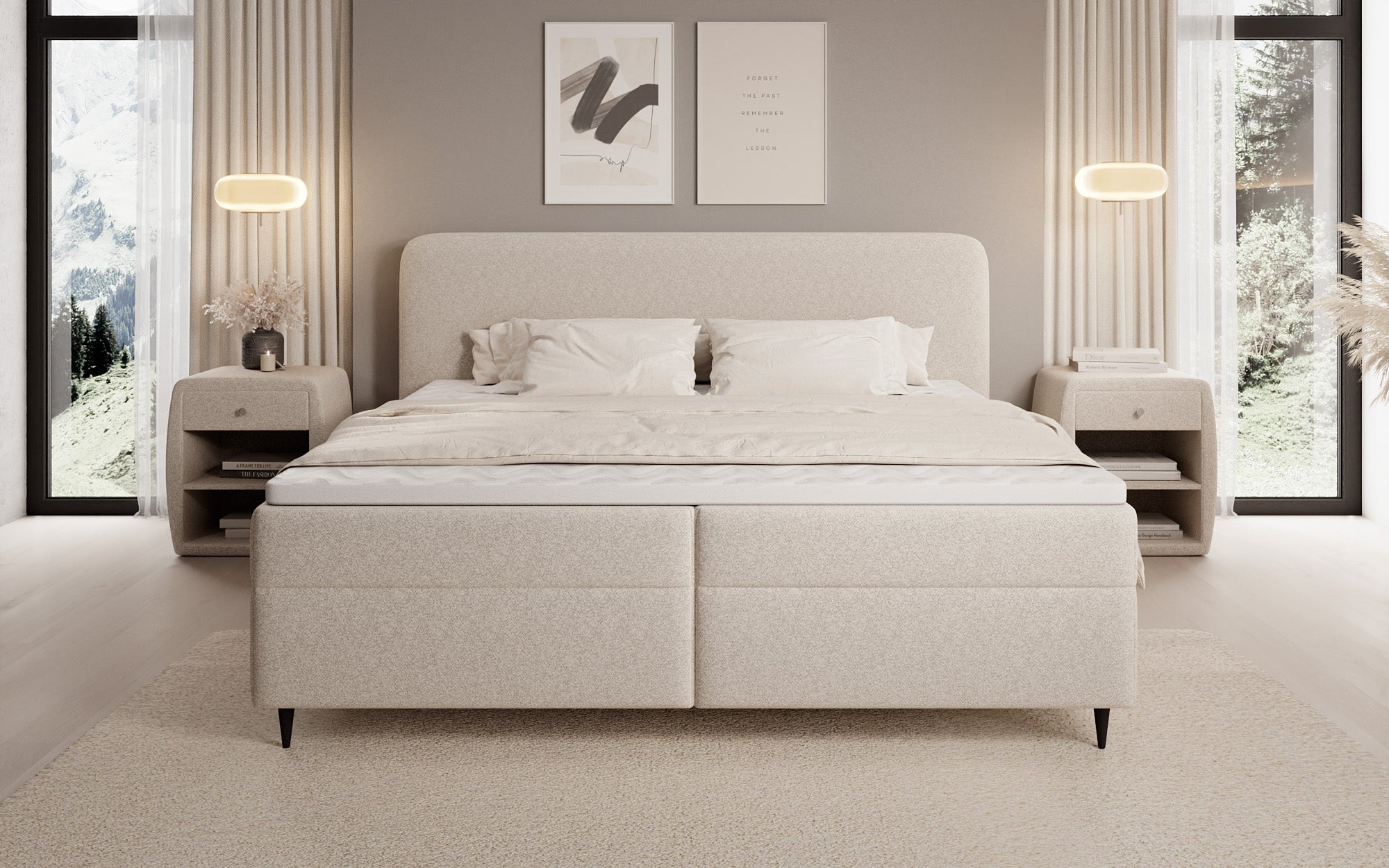Box spring bed Nea in textured fabric with storage space