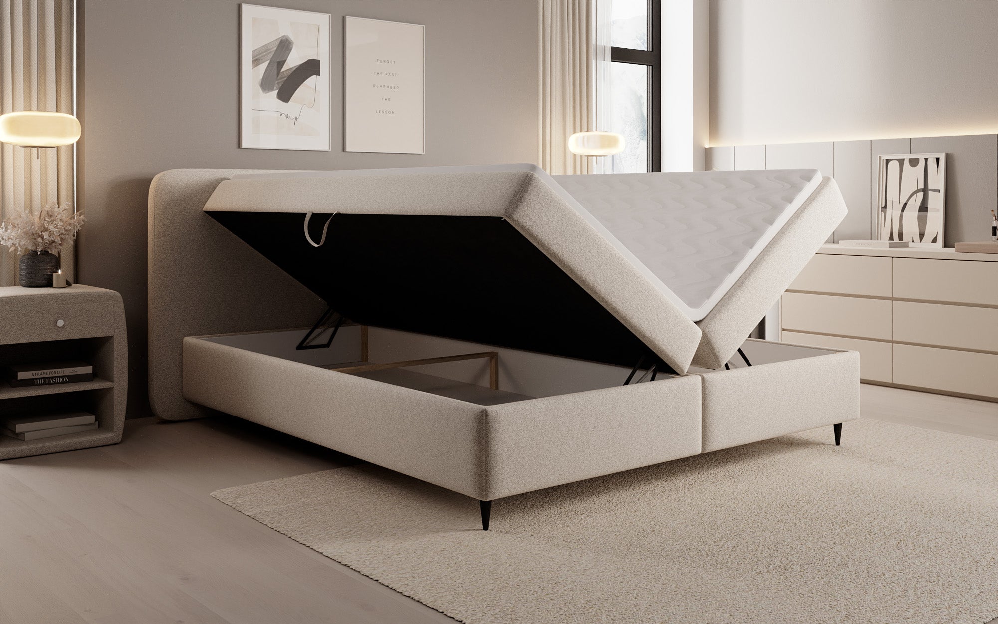 Box spring bed Nea in textured fabric with storage space