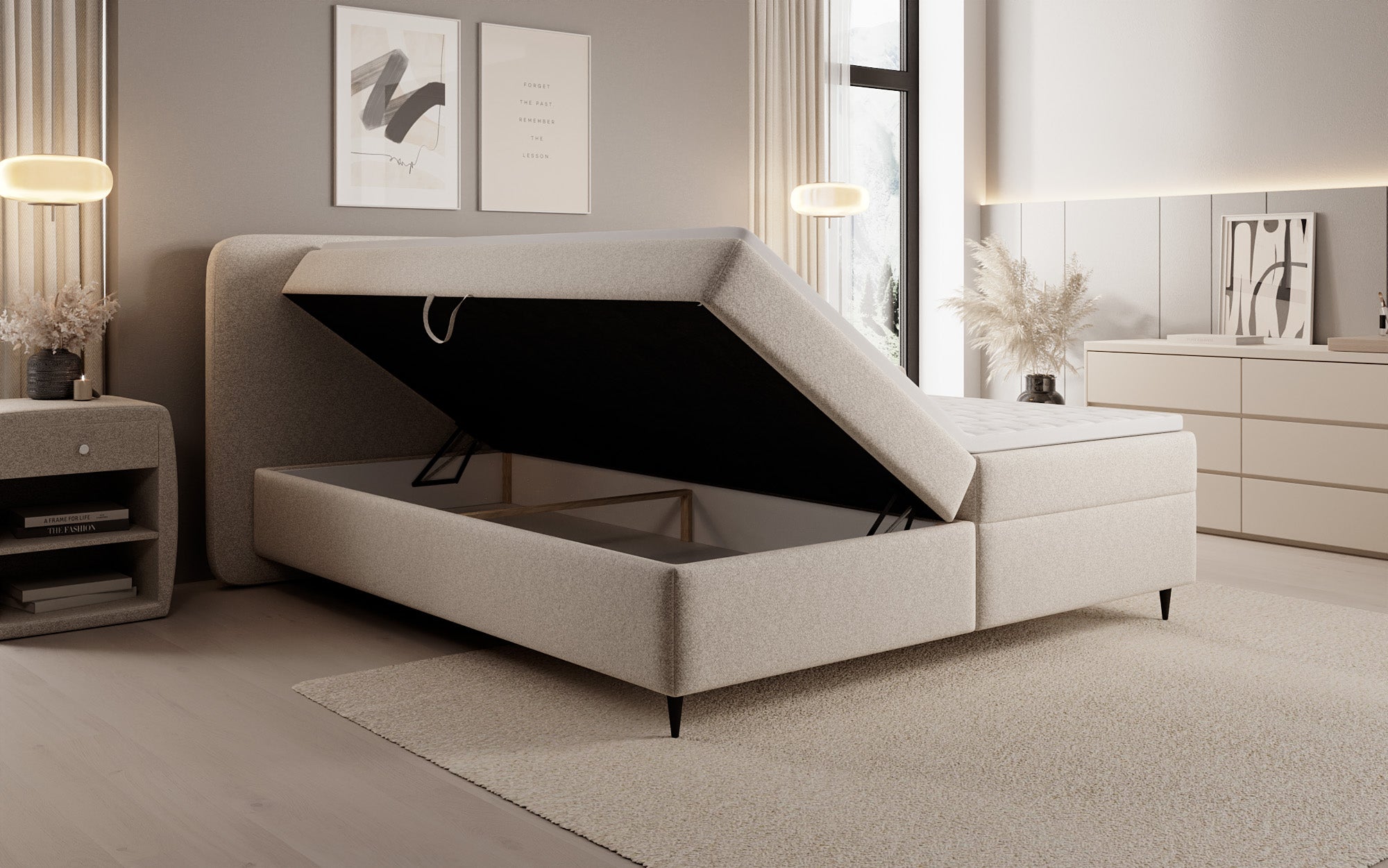 Box spring bed Nea in textured fabric with storage space