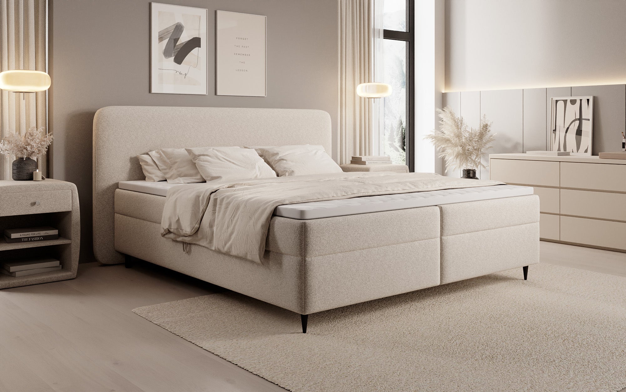 Box spring bed Nea in textured fabric with storage space