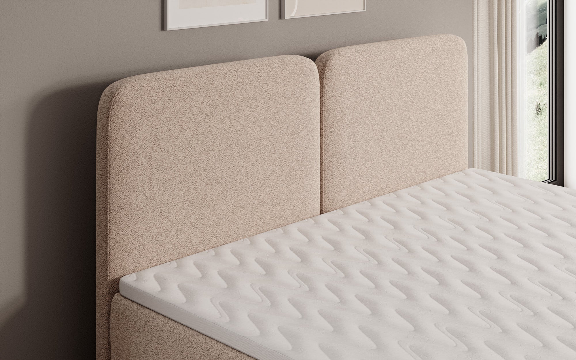 Box spring bed Mira in textured fabric with storage space