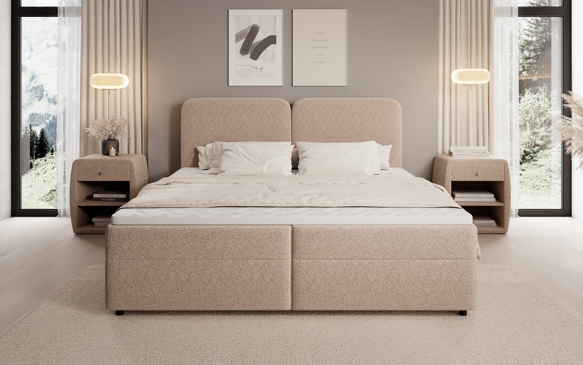 Box spring bed Mira in textured fabric with storage space