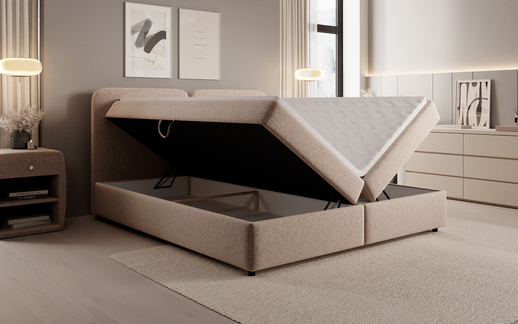 Box spring bed Mira in textured fabric with storage space